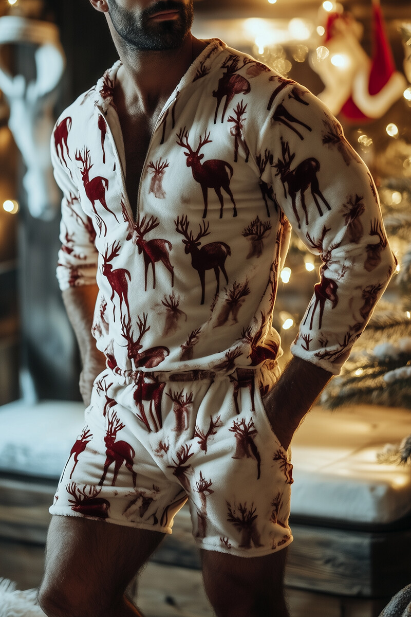 Ciciful Christmas Elk Print Velvet Half Zipper Elastic Waist Romper