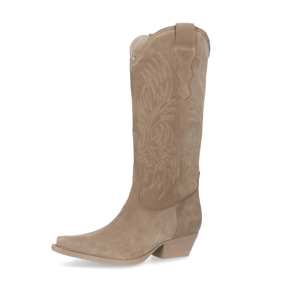 Khaki Snip Toe Chunky Heel Embroidered Mid Calf Cowgirl Boots