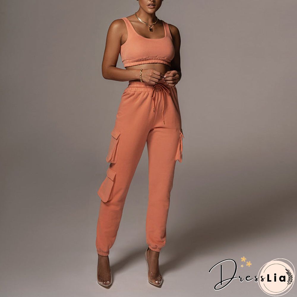 Sporty Crop Top and Pocket Detail Jogger Tracksuit Pant Set