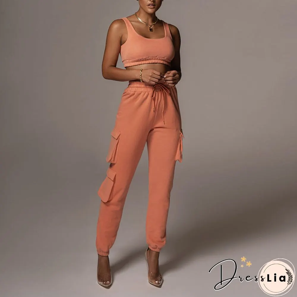 Sporty Crop Top and Pocket Detail Jogger Tracksuit Pant Set