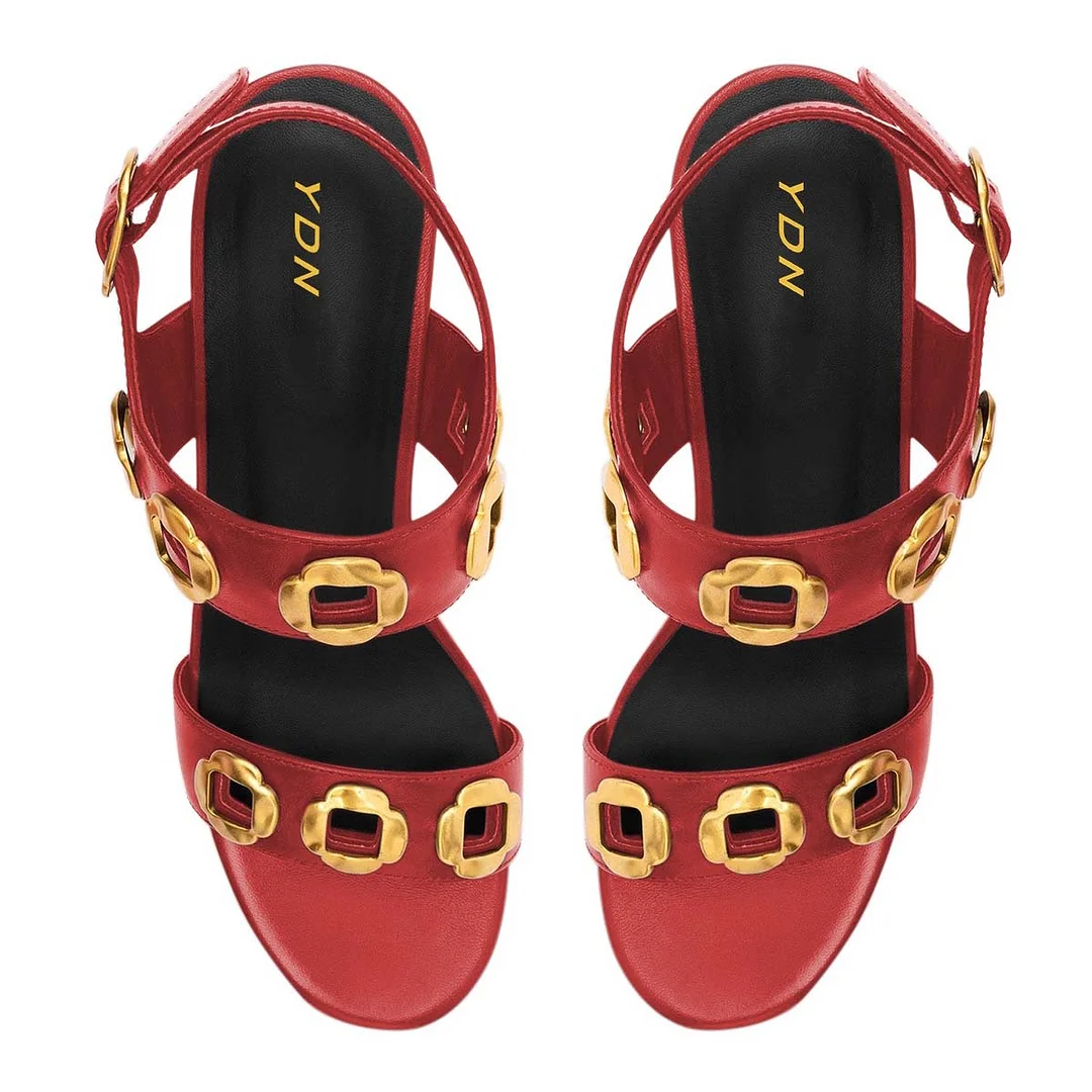 Red Round Toe Casual Metal Decor Platform Buckle Strap Wedge Sandals
