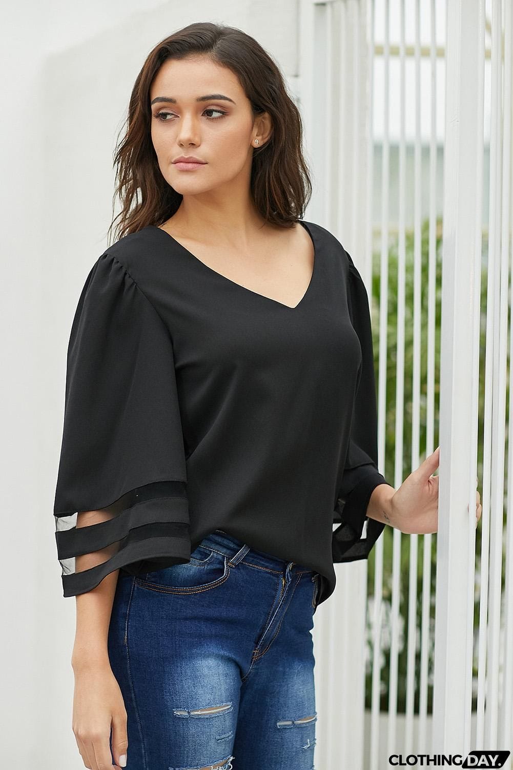 Black Flare Sleeve V Neck Loose Women's Chiffon Blouse