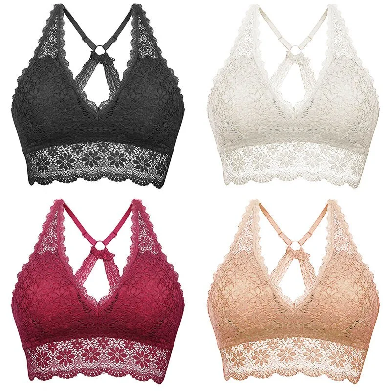 Back Cross Buckle Beauty Lace Bralette Female Sexy Bras Solid Color Wire Free Bra Ultrathin Brassiere Push Up Underwear Lingerie