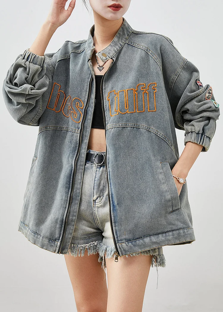 French Blue Embroideried Applique Denim Coats Fall