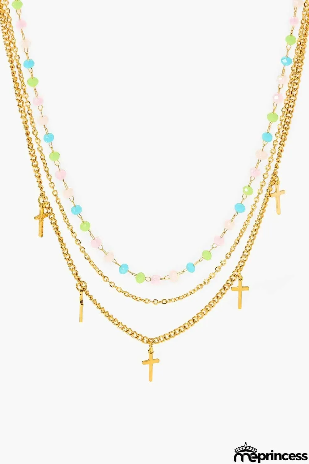 18K Gold Plated Cross Pendant Triple-Layered Necklace