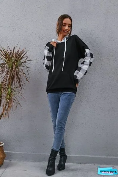 Plaid Drawstring Dropped Shoulder Hoodie