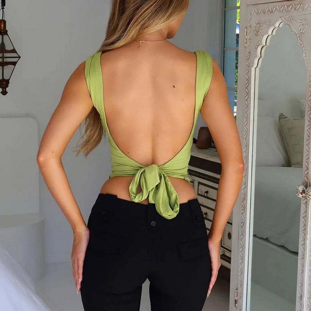 Toloer Women's Vintage Y2K Solid Color Camisoles V-Neck Sleeveless Tie-Up Backless Tank Tops Summer Vests Tops Streetwear-Outfit Ideas