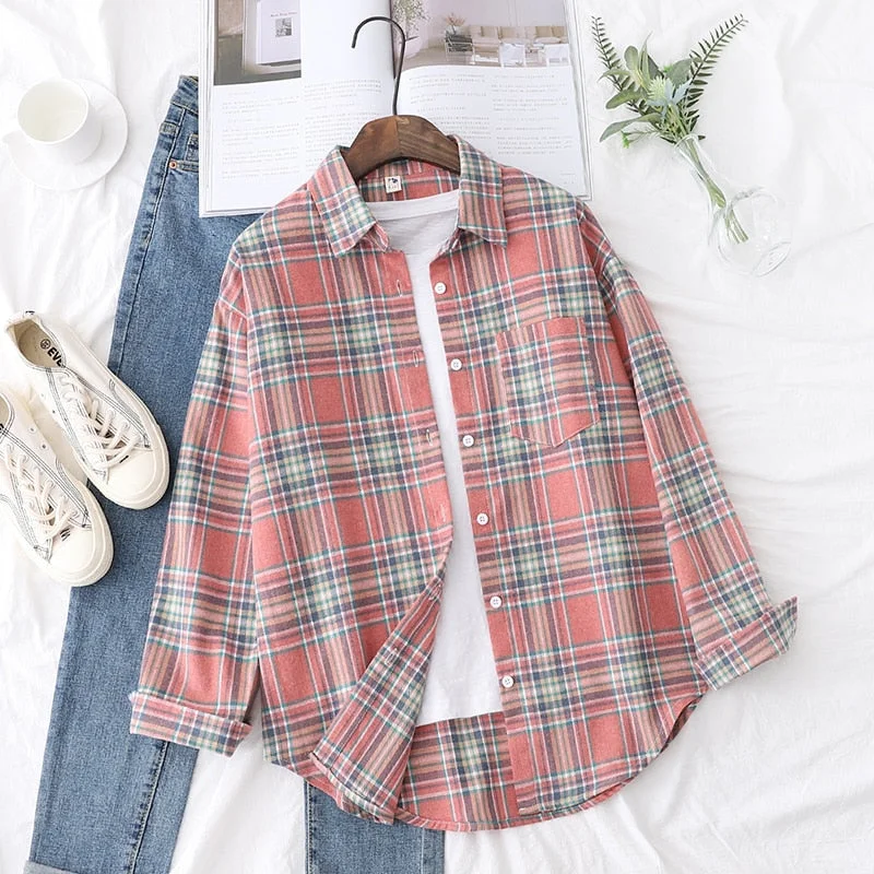 2021 New Fashion Loose Womens Plaid Shirt Fresh College Style Design Blouses And Tops Long Sleeve Casual Female Checked Clothes