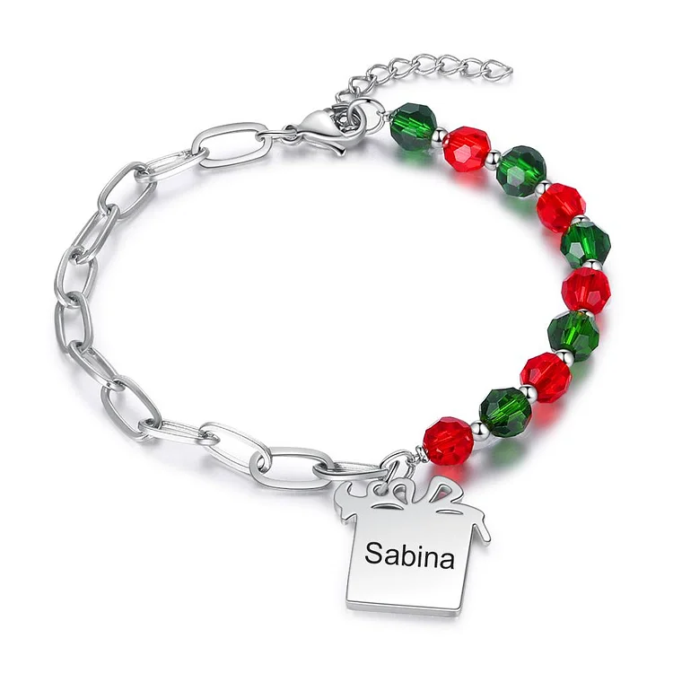Christmas Custom Bracelet Can Engrave A Name, Combination Of Cuban Chain and Beads