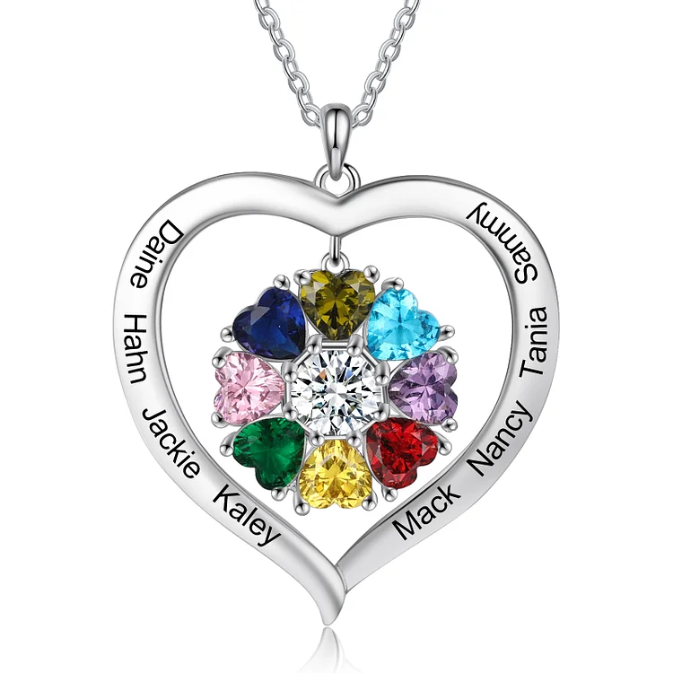 Personalized Heart Pendant Necklace with 8 Birthstones Custom 8 Names Family Necklace
