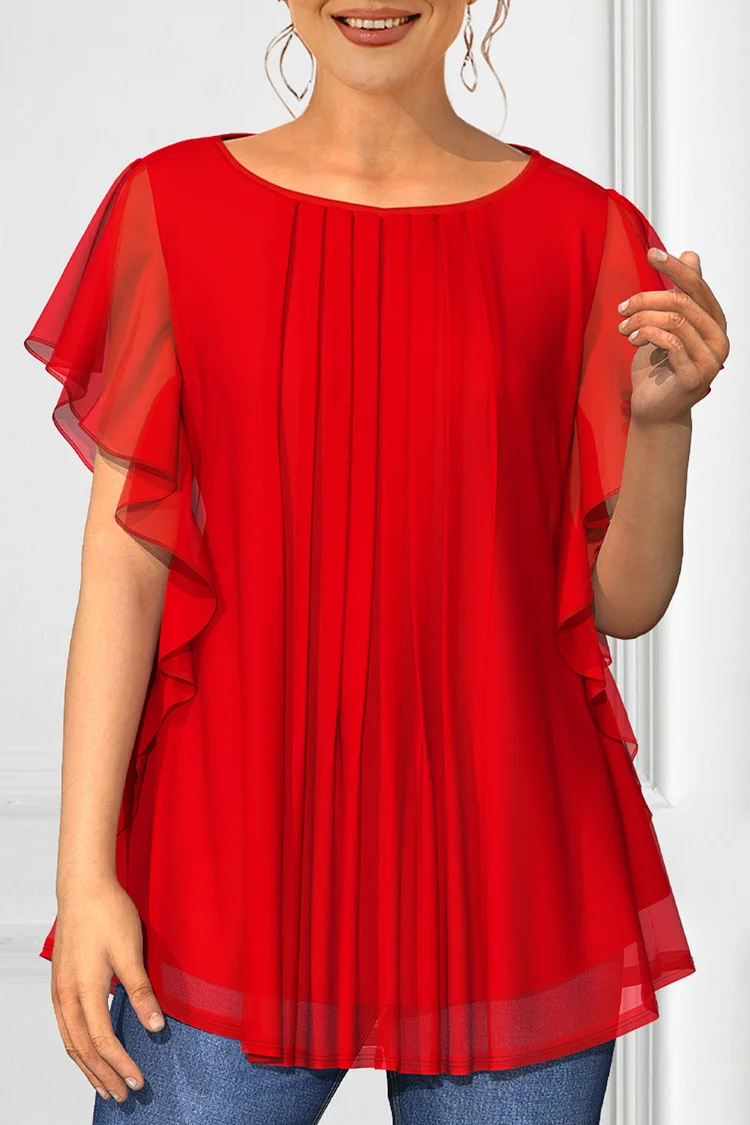 Flycurvy Plus Size Dressy Red Chiffon Batwing Sleeve Pleated Solid Color Double Layer Blouse
