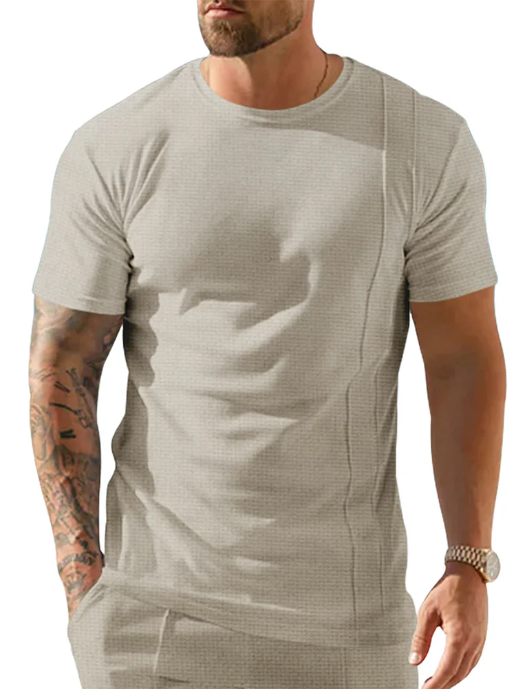 Men's Summer Round Neck Casual Waffle Solid Color Short Sleeve T-Shirt