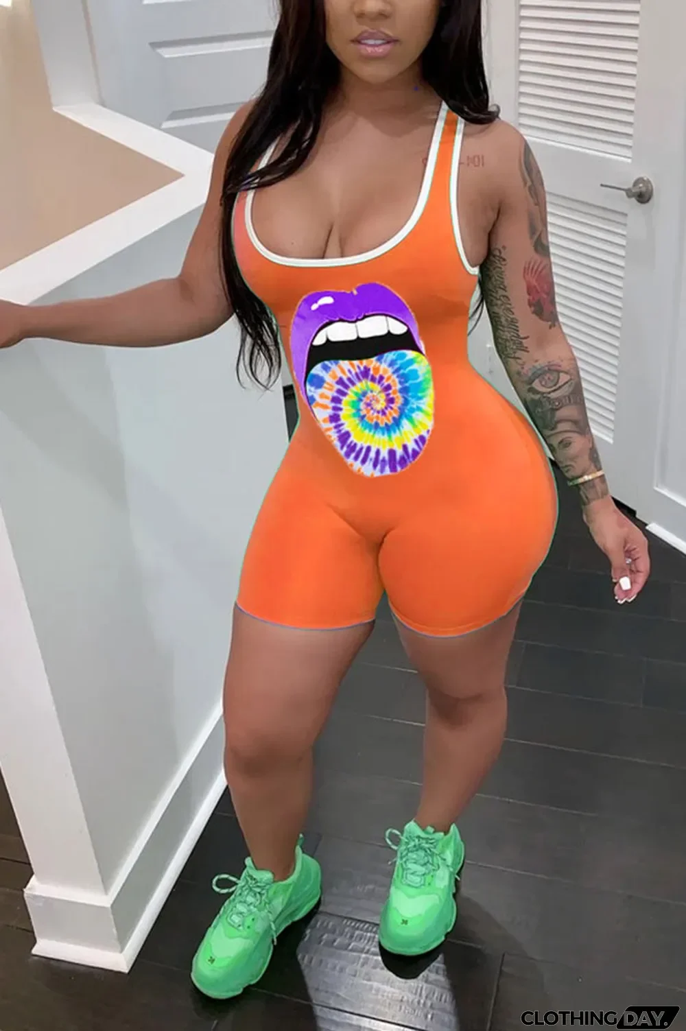 Blue Fashion Casual Print Patchwork Lip Polyester Sleeveless Slip Jumpsuits