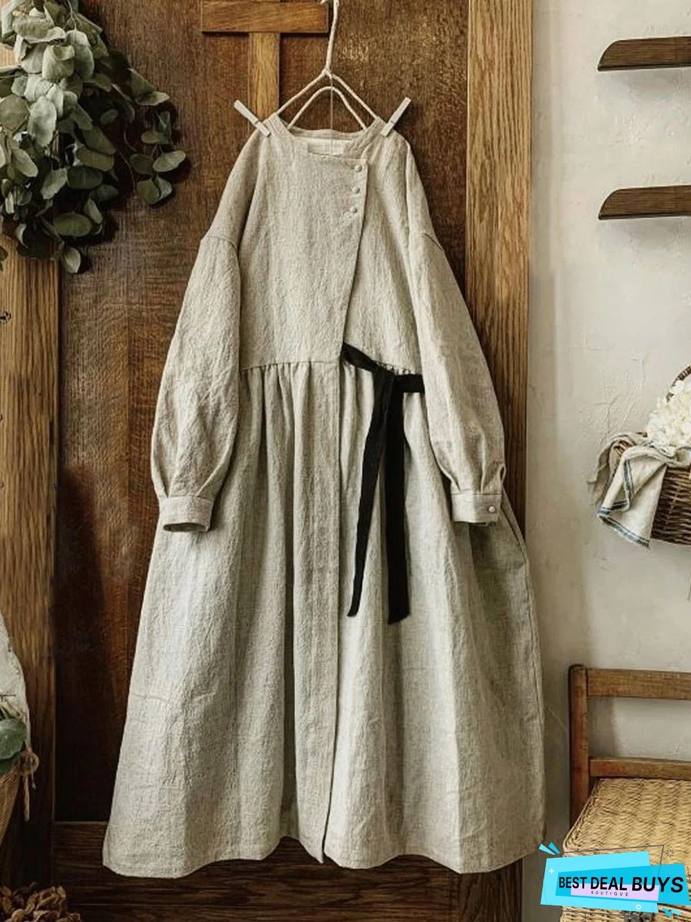 zolucky Vintage Plain Long Sleeve Casual Weaving Dress