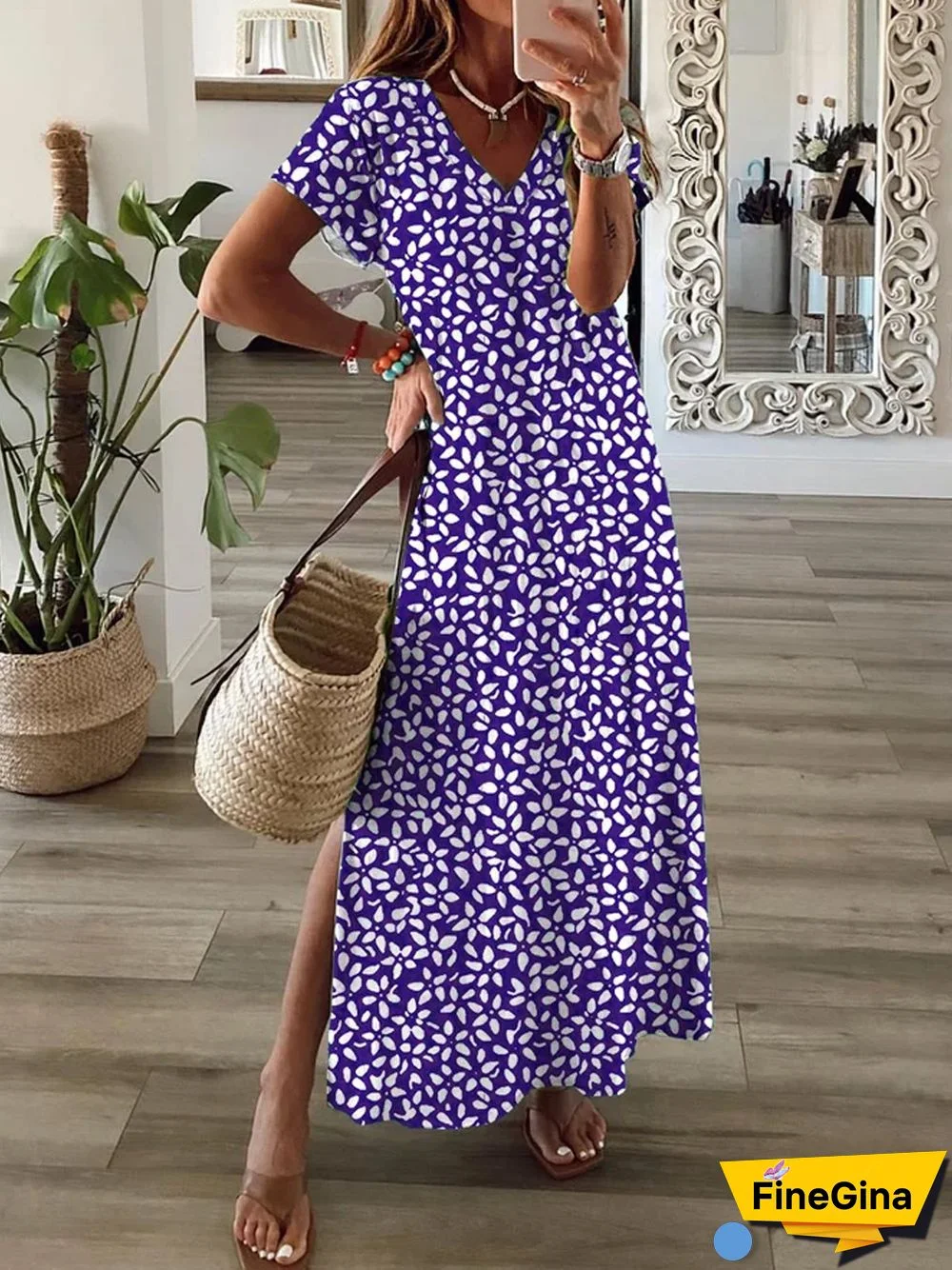 Casual Floral Short Sleeve V Neck Plus Size Printed Dress