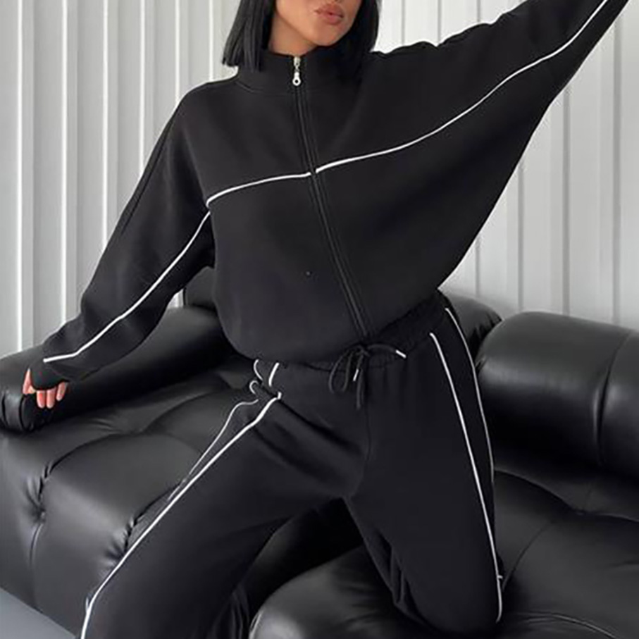 Casual Set Long Sleeve Half High Neck Cardigan Sweatshirt Lace Up Striped Pants