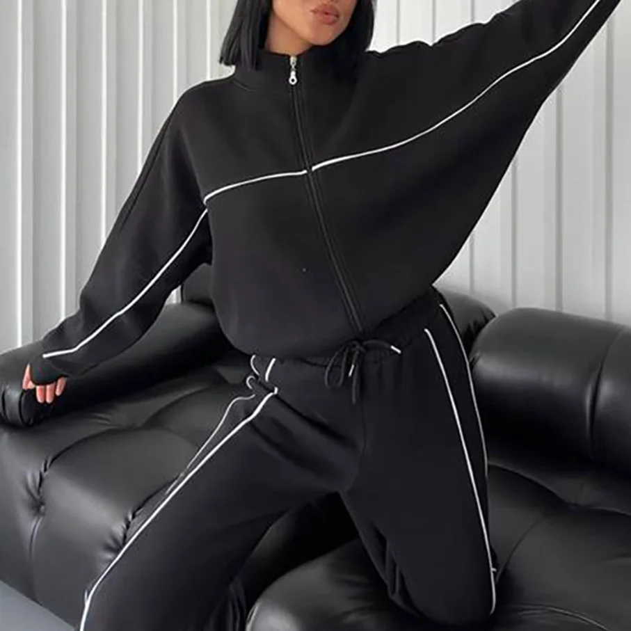 Casual Set Long Sleeve Half High Neck Cardigan Sweatshirt Lace Up Striped Pants