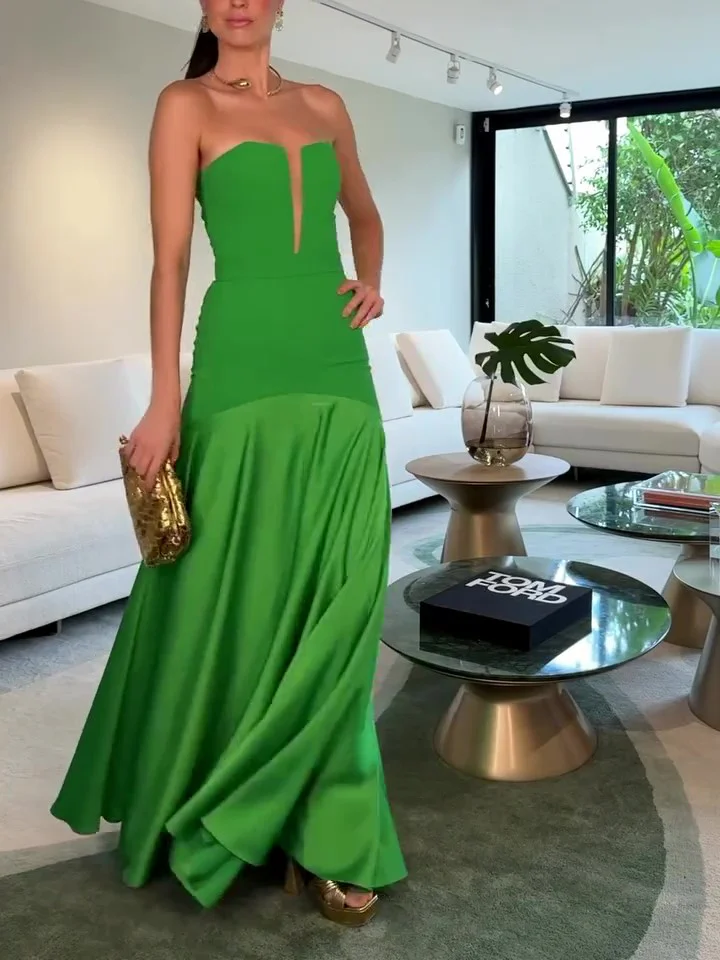 Green Tube Top With Satin Patchwork Evening Dress