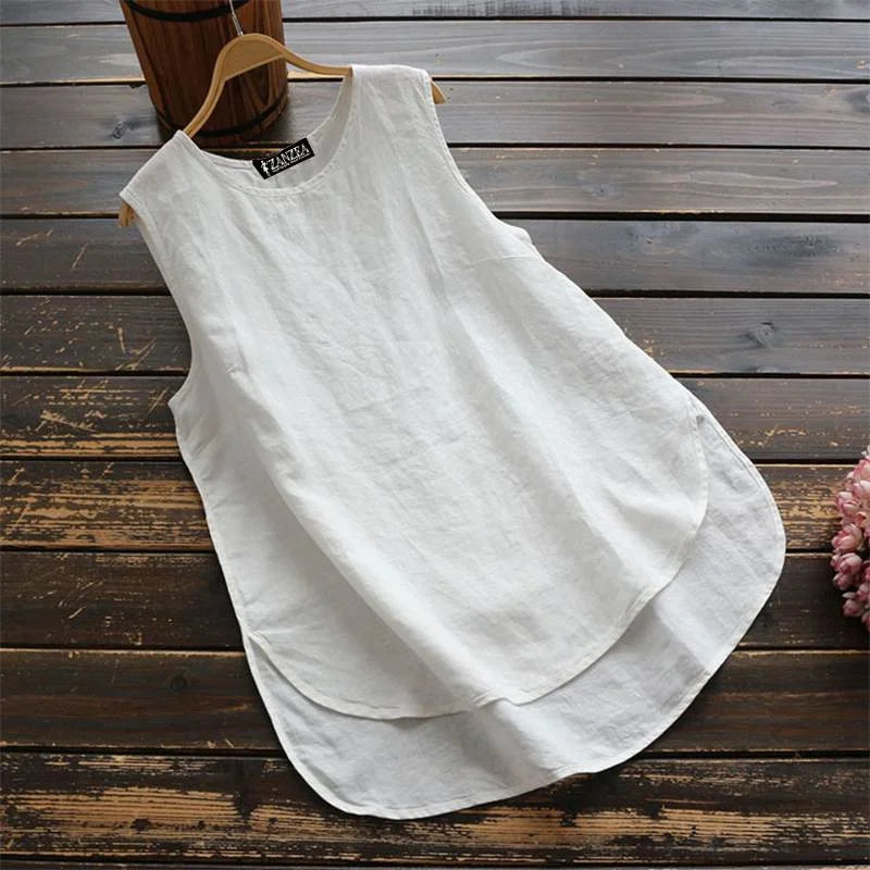 2022 ZANZEA Summer Tanks Top Women Vintage Sleeveless Shirt Tunic Casual Cotton Linen Top Female Solid Camis Mujer Femme Chemise