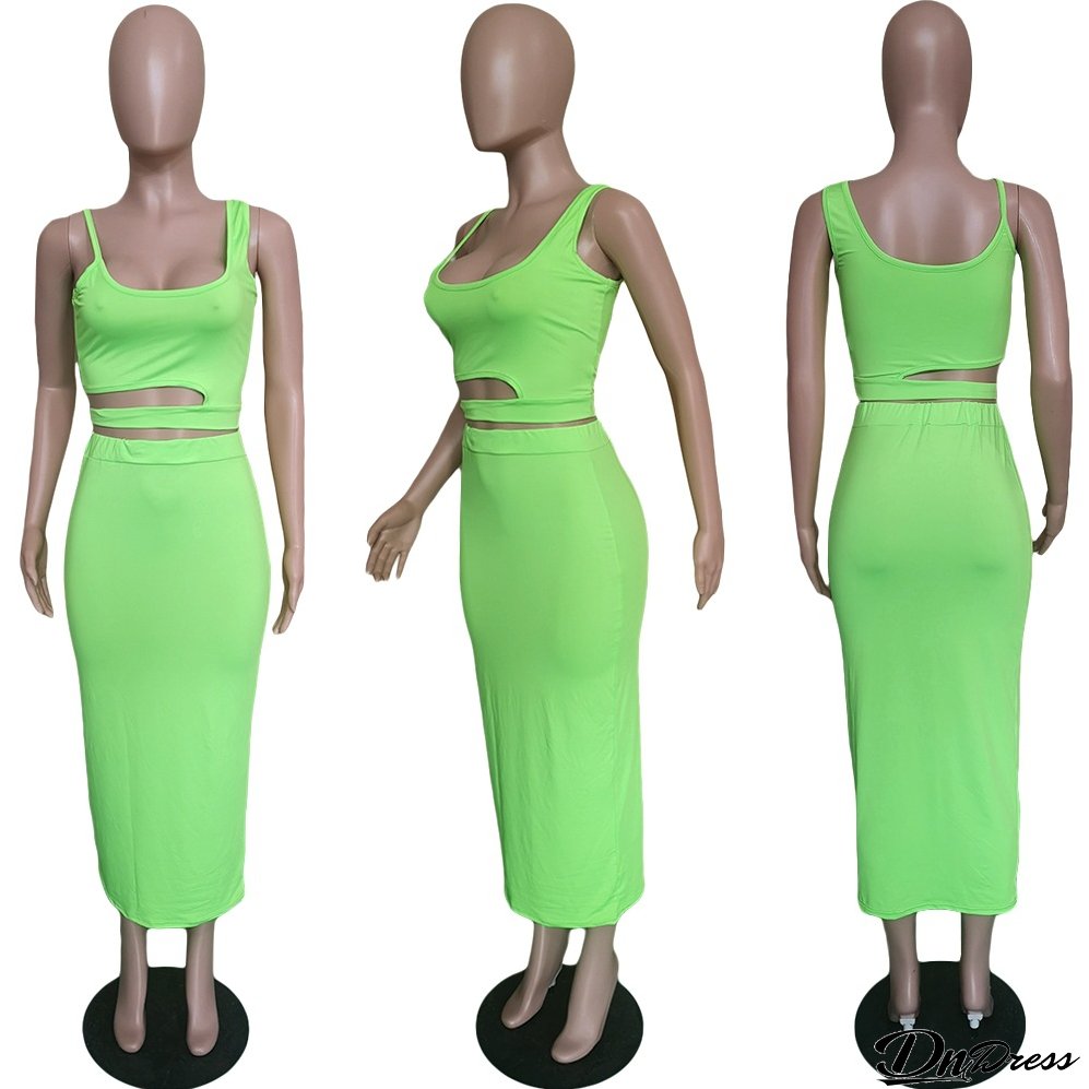 Women's Solid Color Cutout Casual Home Style Skirt Set Two Piece