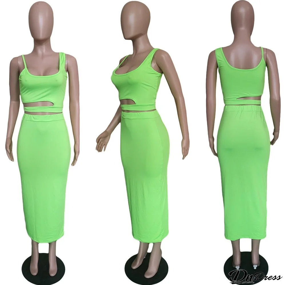 Women's Solid Color Cutout Casual Home Style Skirt Set Two Piece