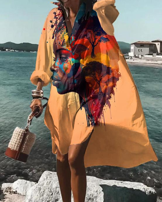 Africa Girl Map Loose Long Sleeve Shirt Dress