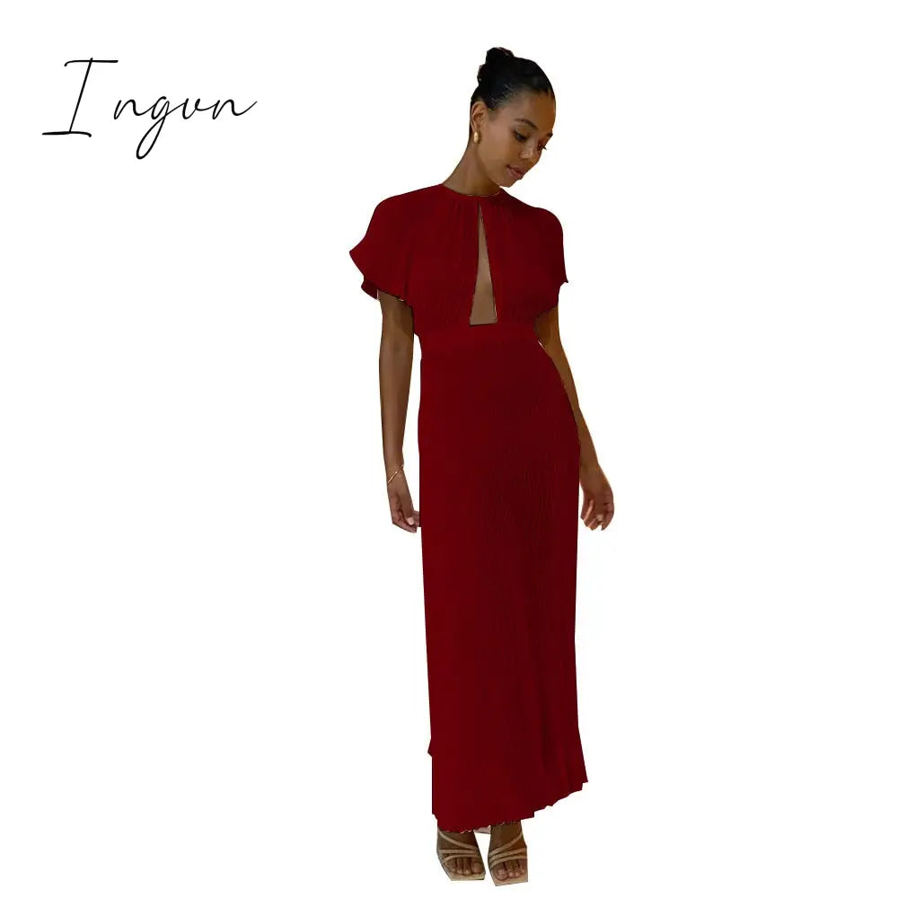 Ingvn - Casual Hollow Out Pleated Dress For Women Fashion Flare Sleeve Backless A Line Dresses