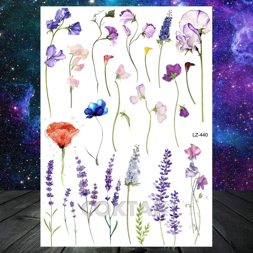 COKTAK Sexy Watercolor Lavender SweetPeas Flower Blossom Temporary Tattoos Sticker Fake Tattoo For Women Girl Art Daisy Tatoos