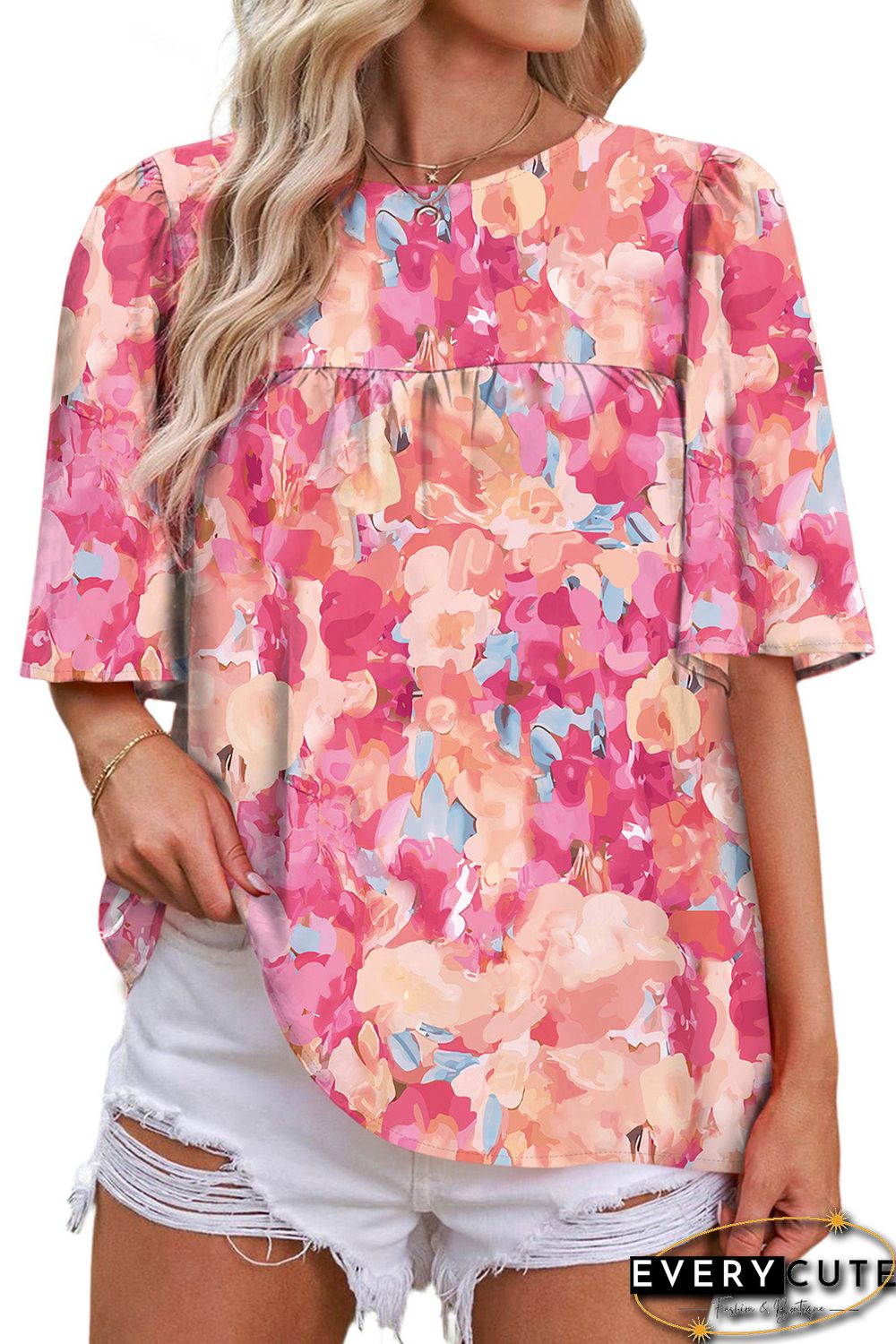 Pink Red Floral Print Wide Sleeve Blouse