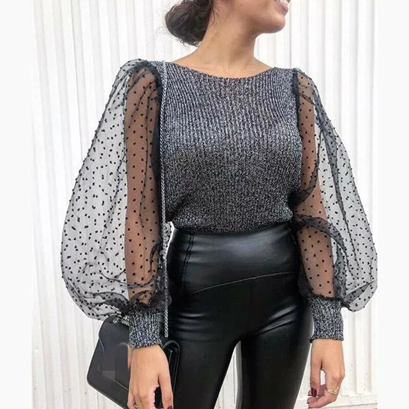Women Vogue Knitted Mesh Puff Long Sleeve Sweater Tops Lady Slim Pullover Sweaters Jumper Female Fashion Retro Sweater Knitwear