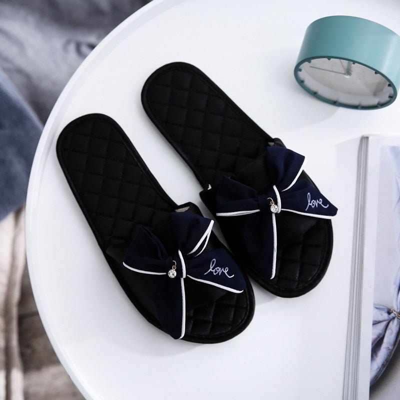 Women Indoor Silk Slippers Butterfly-knot Bowtie Light Comfy Flats Open Toe Home Slides House Causal Fashion Cute Shoes Ladies