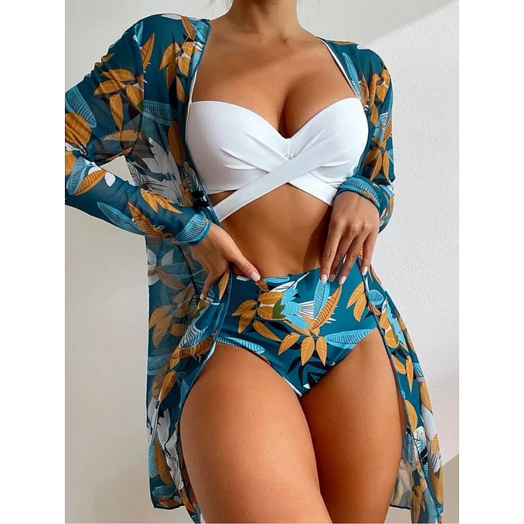 Push Up Printed Bikini Swimsuit and Chiffon Cardigan