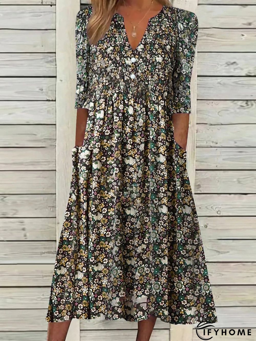 Casual Short Sleeve Woven V Neck Floral Midi Dress | IFYHOME