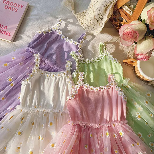 【18M-7Y】Girls' Daisy Flower Tulle Camisole Dress