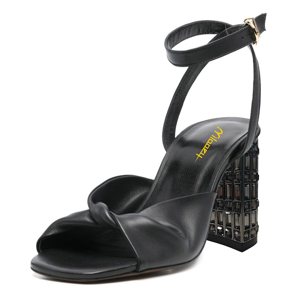 Vegan Leather Square Toe Ankle Strap Black Heeled Sandals with Buckle Nicepairs