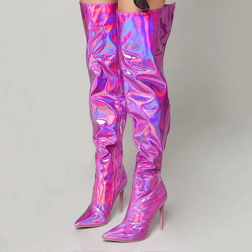Fuchsia Glitter Pointed Toe Over The Knee Boots