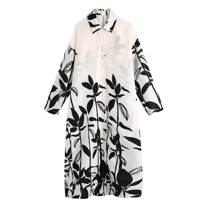 Snican Simple Leaves Print Loose Women Shirt Dress Za Spring Summer Oversize Casual Large Long Dresses Maxi Vestido Largo Verano