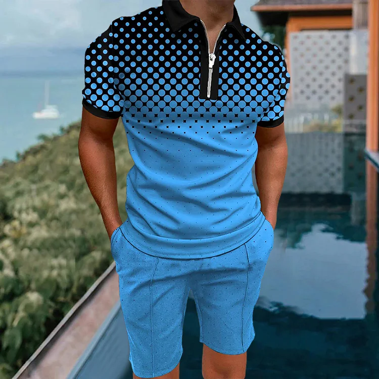 Men's blue polka dot print polo suit