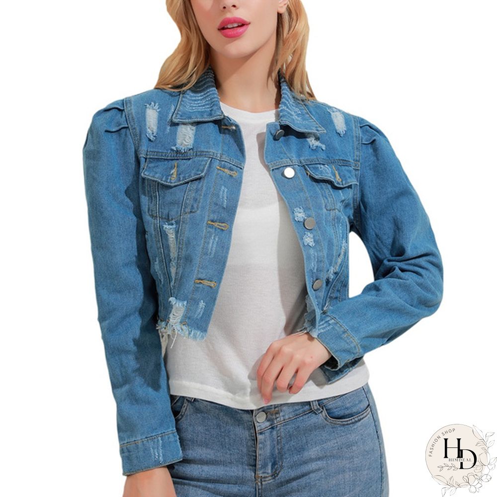 Women's Fashion Short Denim Jacket Puff Sleeve Denim Jacket