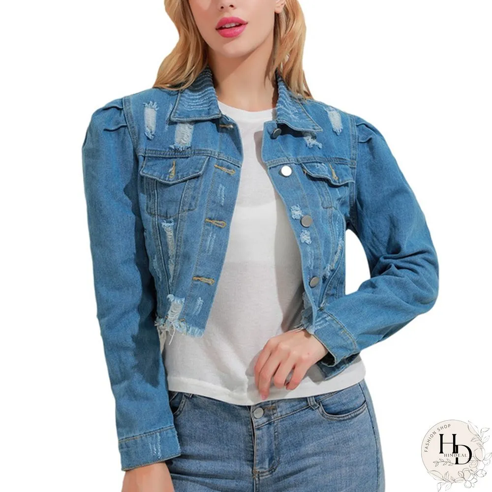 Women's Fashion Short Denim Jacket Puff Sleeve Denim Jacket