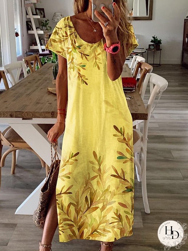 Casual Dress Summer Dress Print Dress Leaf Split Print Crew Neck Long Dress Maxi Dress Fashion Streetwear Outdoor Daily Short Sleeve Regular Fit White Yellow Blue Summer S M L XL XXL for Women
