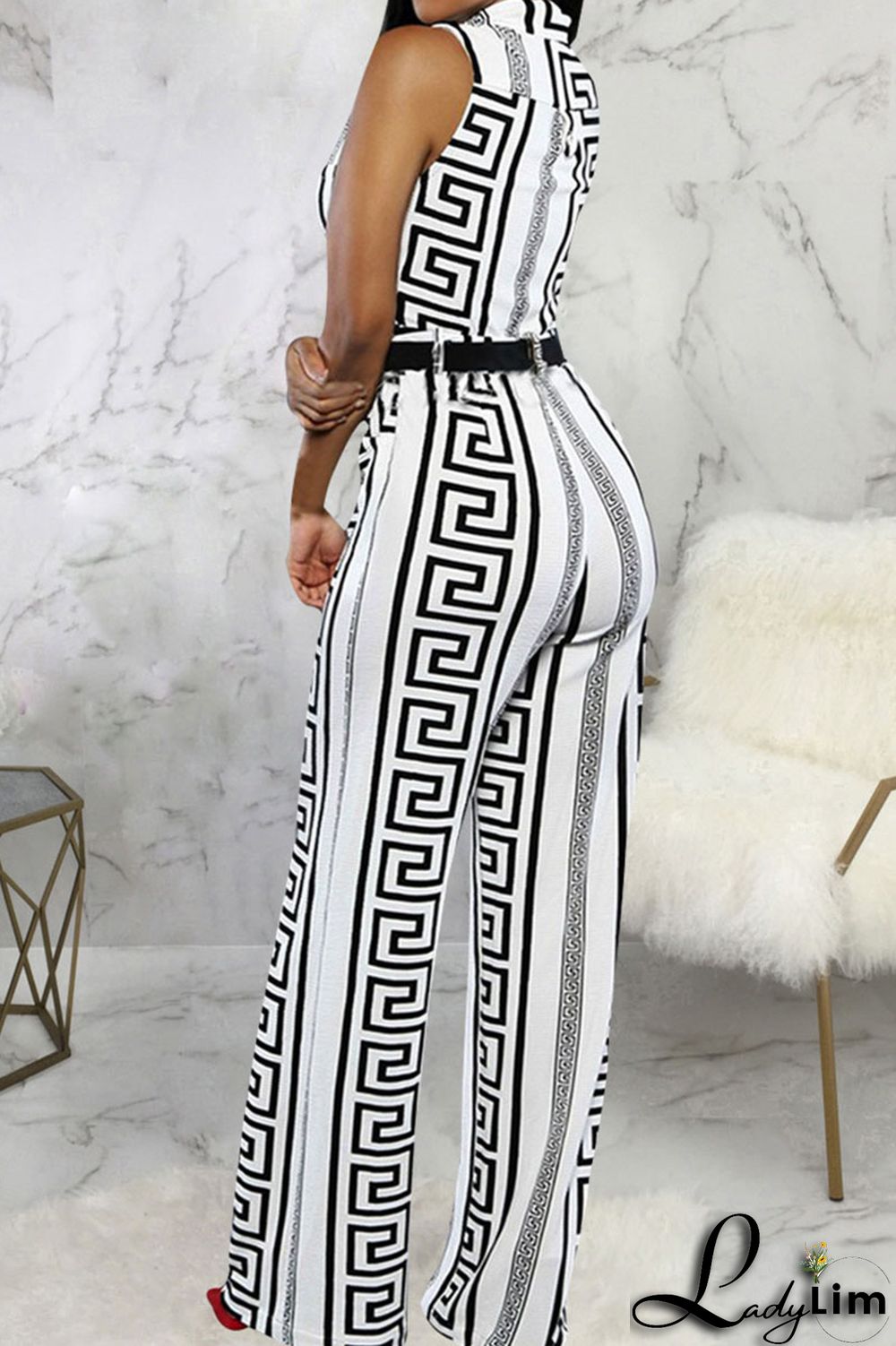 Black Yellow Casual Print Patchwork Buckle Mandarin Collar Straight Jumpsuits