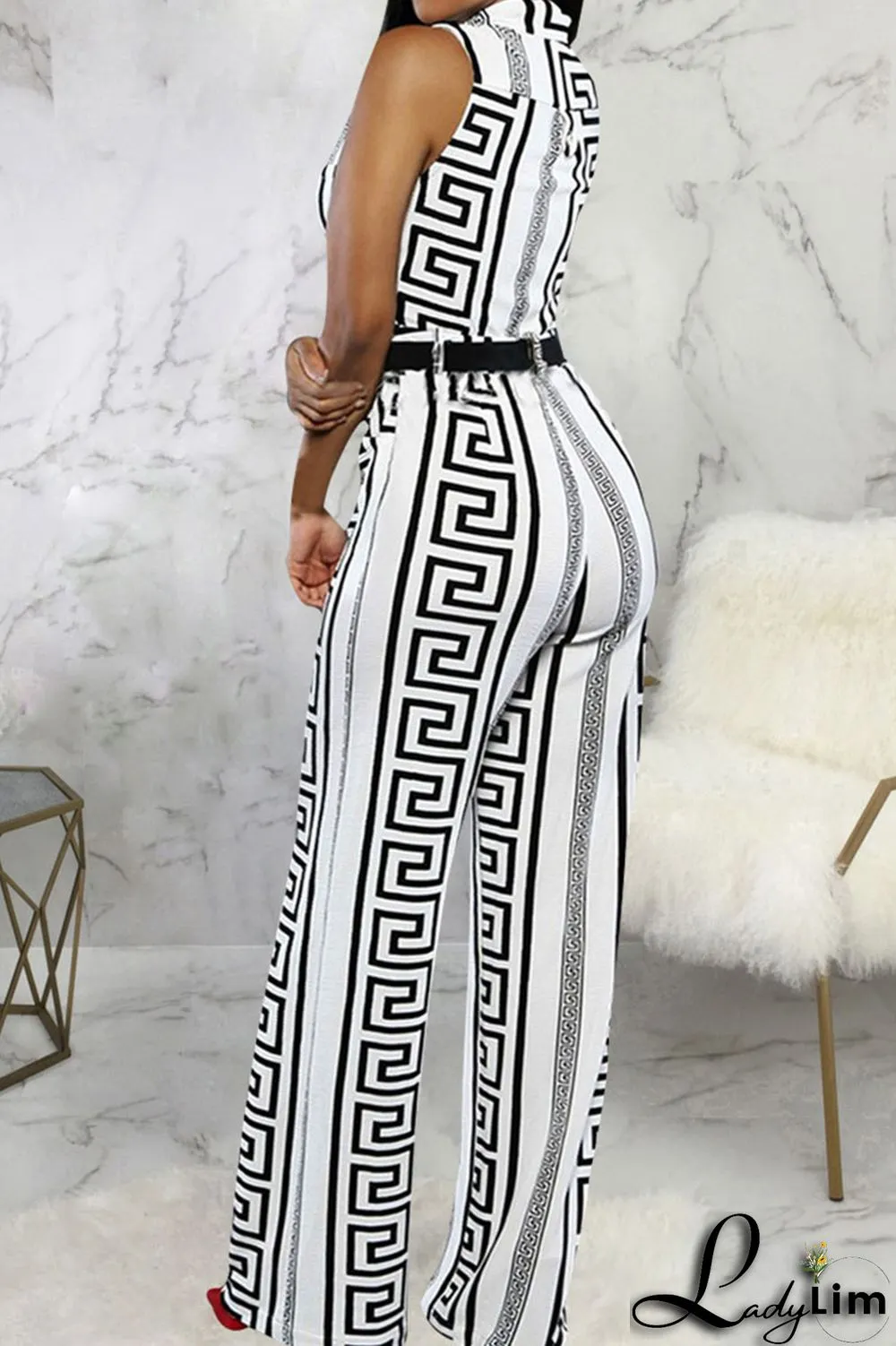Black Yellow Casual Print Patchwork Buckle Mandarin Collar Straight Jumpsuits