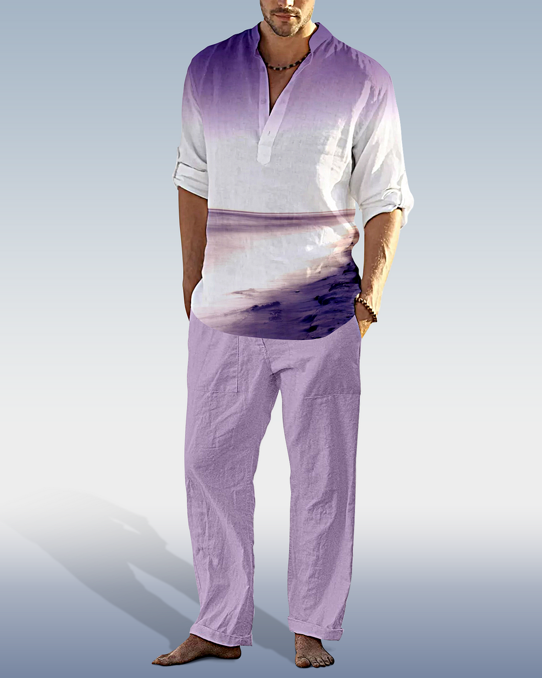 Suitmens Men's Gradient Casual Cotton Linen Trousers Long Sleeve Set 70
