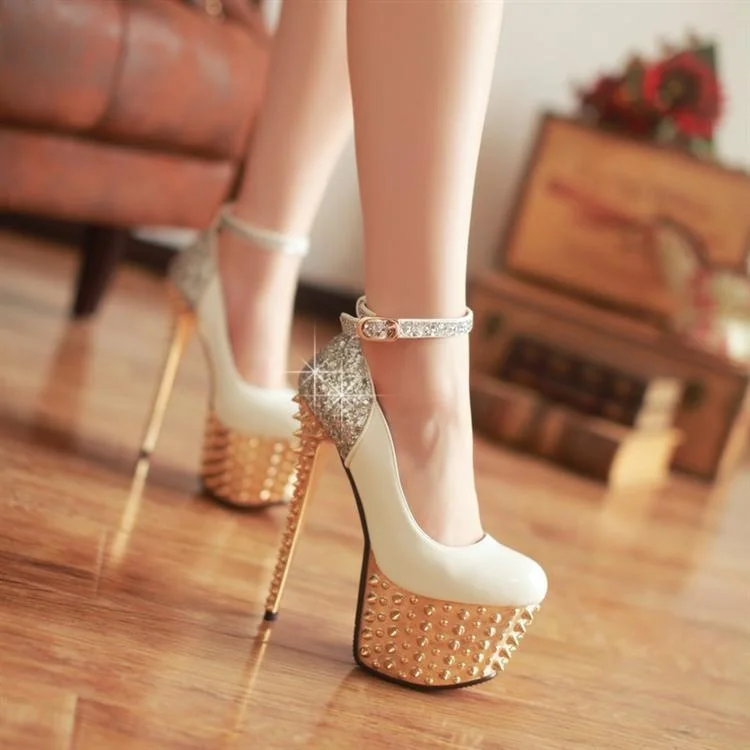 Ivory and Gold Glitter Ankle Strap Platform Stripper Heels Vdcoo