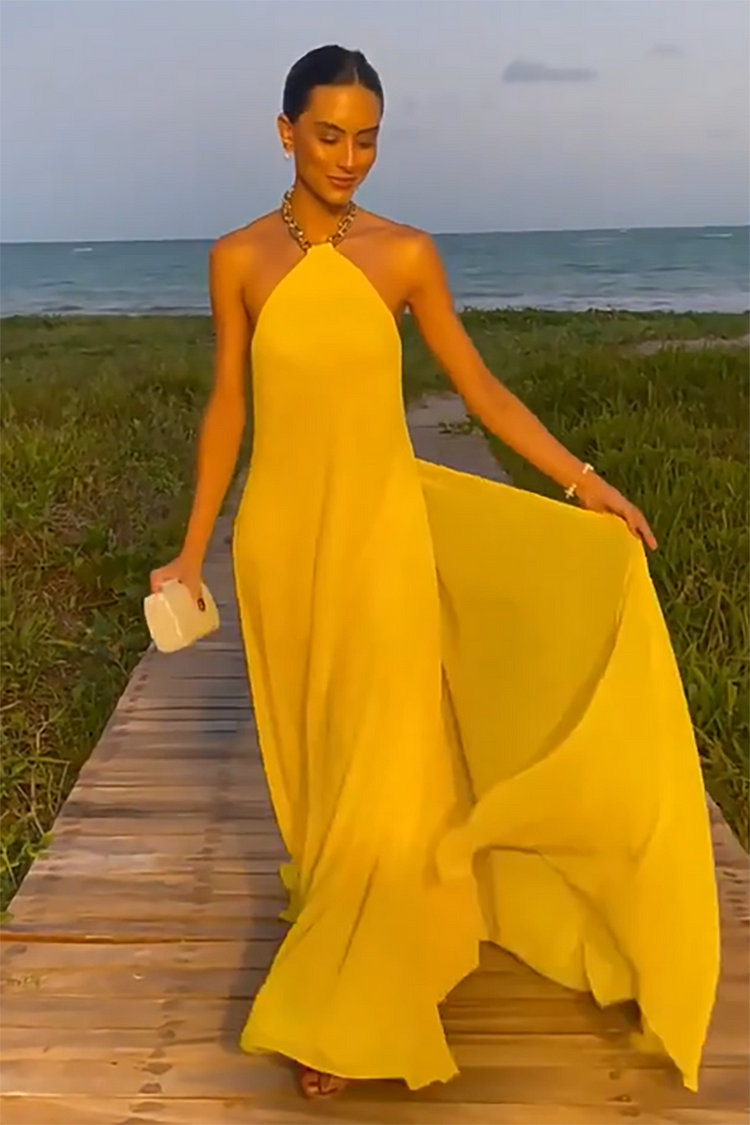 Chain Halter Irregular Neck Backless Sleeveless Elegant Gown Maxi Dresses