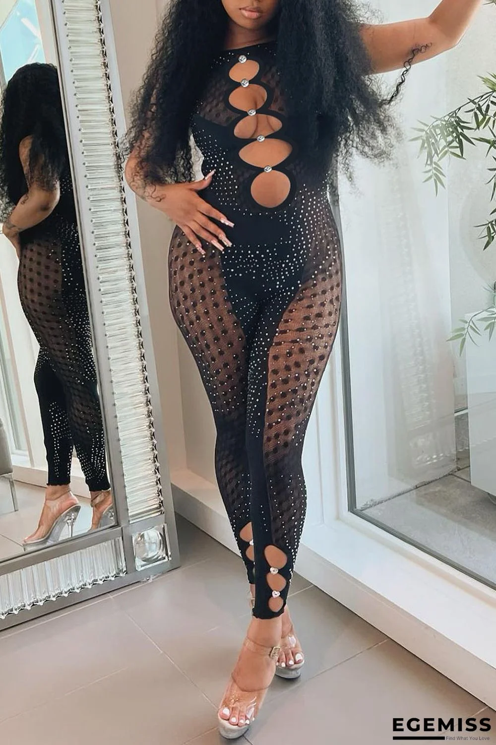 Black Sexy Solid Hollowed Out Patchwork See-through Hot Drill O Neck Skinny Jumpsuits | EGEMISS