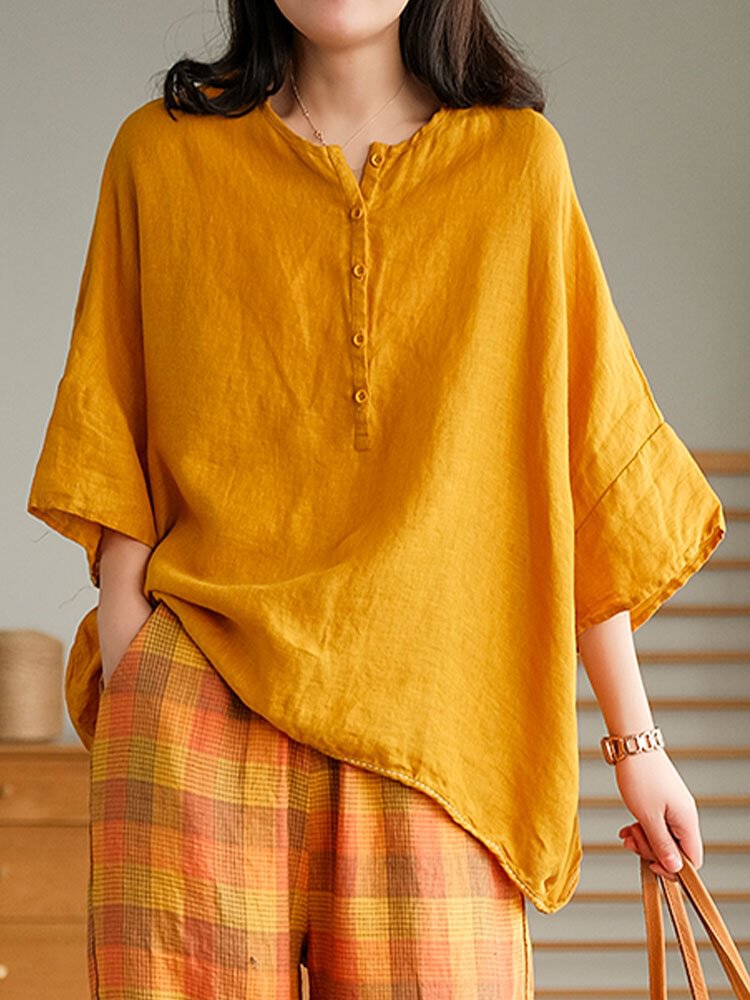 Solid Color Loose O neck Button 3/4 Length Sleeve Vintage Blouse P1857562