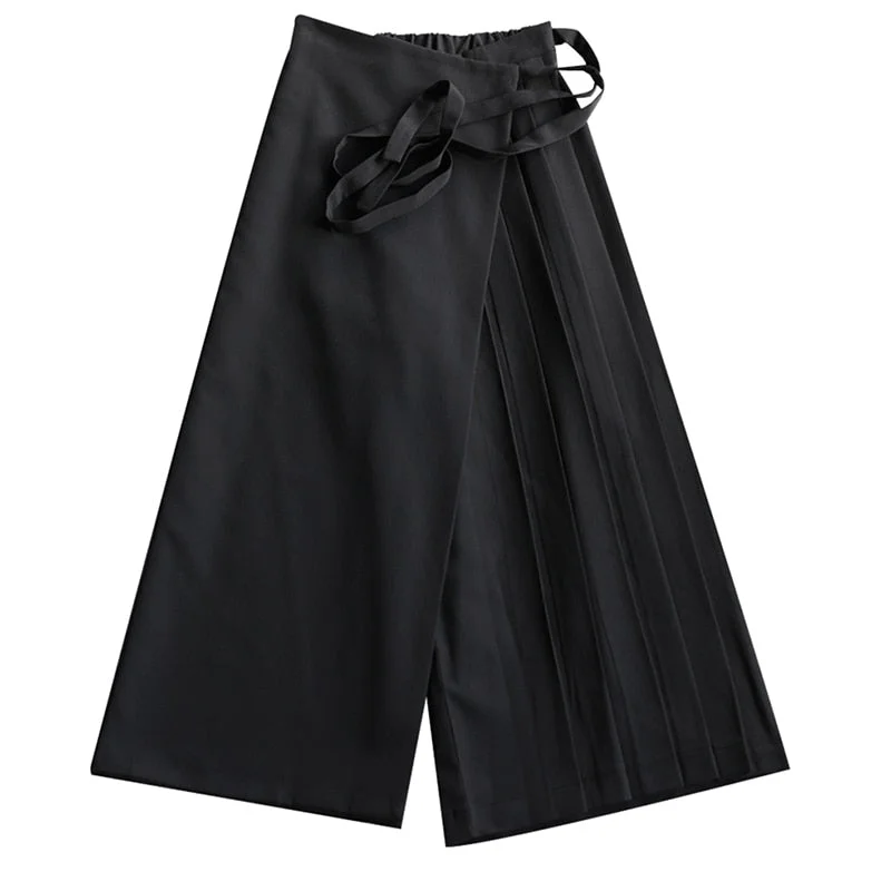 [EAM] High Elastic Waist Black Pleated Split Wide Leg Trousers New Loose Fit Pants Women Fashion Tide Spring Autumn 2021 1N666