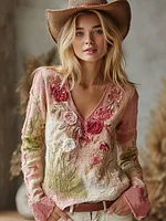 Love & Health Collection Retro Western Women Style Vintage Patchwork Rose And Floral Art Casual V Neck Linen Shirt